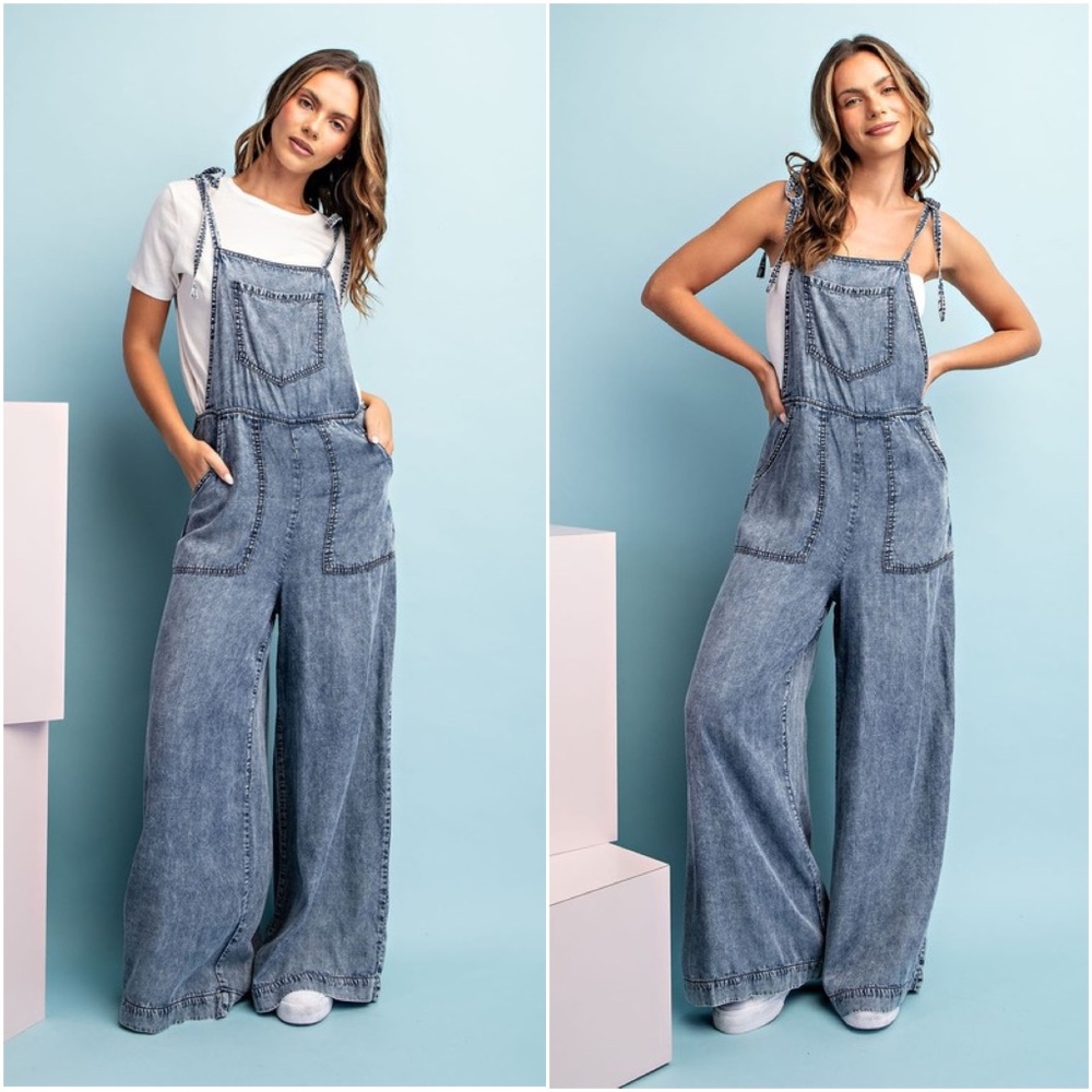 031 Boho Blue Mineral Washed Wide Leg Pockets Jumpsuit - Picture 7 of 10